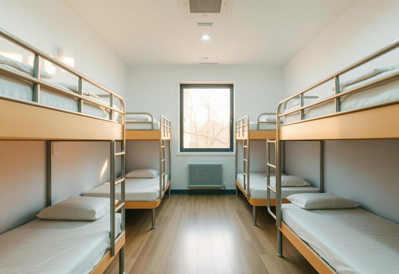 Modern hostel interior with bunk beds